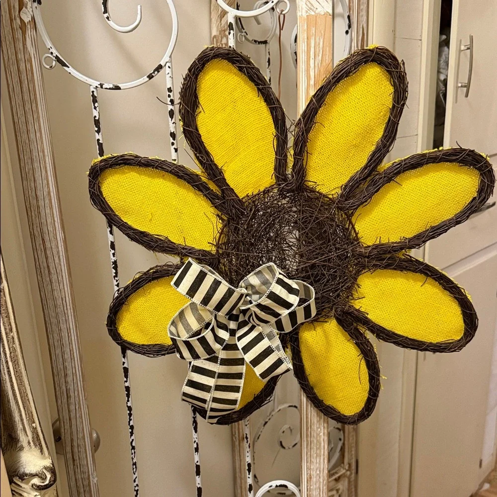 Sunflower Everyday Door Hanger with Yellow Petals and Striped Bow💕